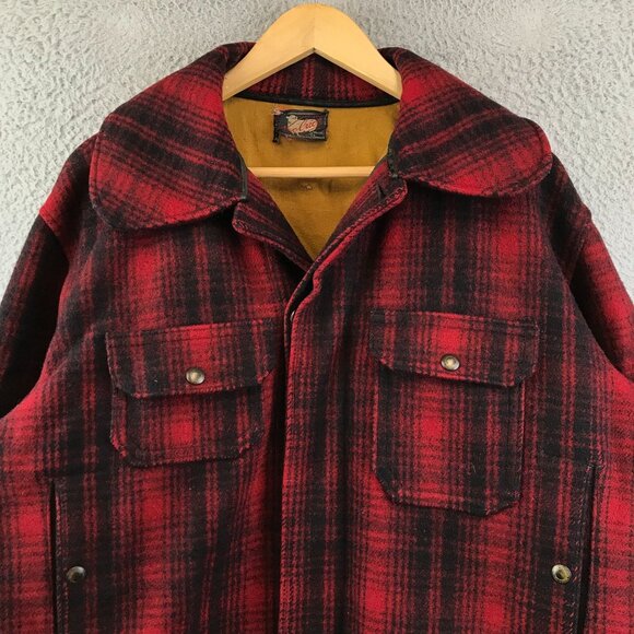 40s 50s Vintage Woolrich Coat, Red and Black Mackinaw Plaid Wool Jacket L - Picture 4 of 11